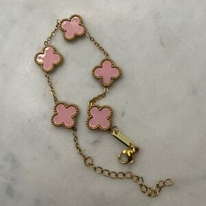 Pink Clover Station Bracelet Gold Tone Flower Motif Adjustable New Jewelry
